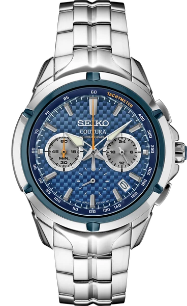 Reloj Seiko Coutura cronógrafo de acero con esfera azul, subesferas y bisel de taquímetro