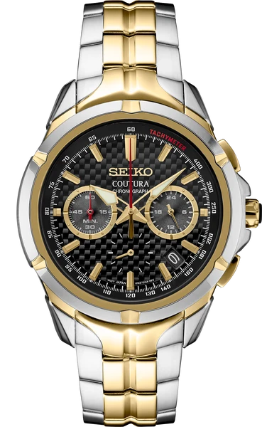 Reloj Seiko Coutura cronógrafo de acero y dorado con esfera negra y bisel de taquímetro