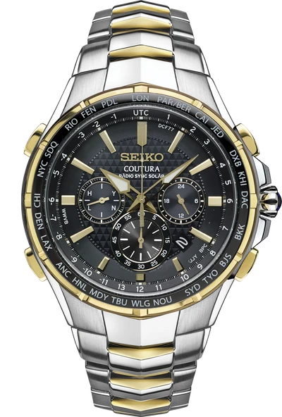 Reloj Seiko Coutura solar de acero y dorado con esfera oscura, cronógrafo y nombres de ciudades