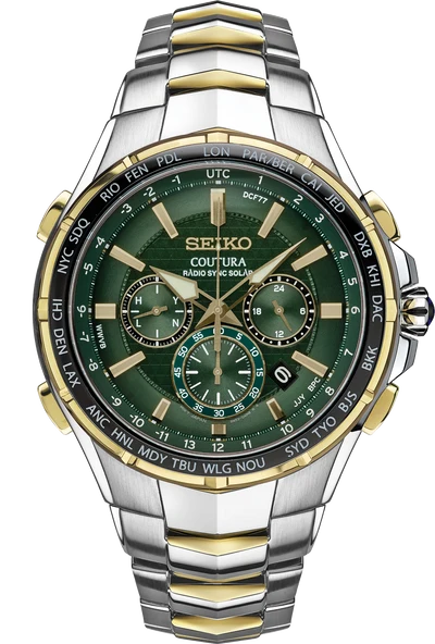 Reloj Seiko Coutura solar de acero y dorado con esfera verde, cronógrafo y bisel de ciudades