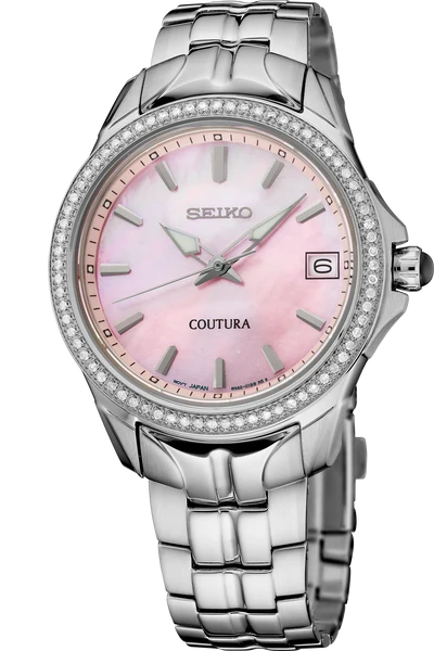 Reloj Seiko Coutura de acero con esfera de nácar rosa, bisel con diamantes y brazalete metálico