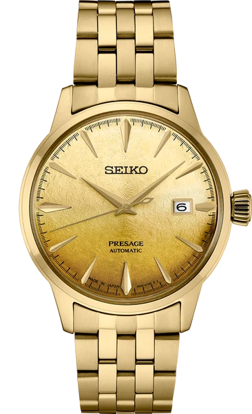 Reloj Seiko Presage automático de acero con acabado dorado, esfera dorada texturizada y brazalete metálico