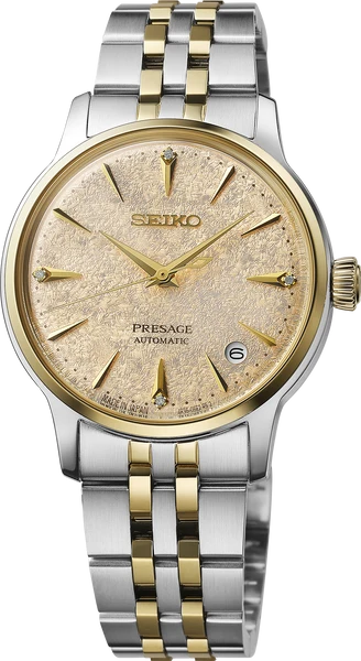 Reloj Seiko Presage automático de acero y dorado con esfera champán texturizada y brazalete bicolor