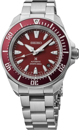 Reloj Seiko Prospex automático de buceo con esfera roja, bisel rojo y brazalete de acero