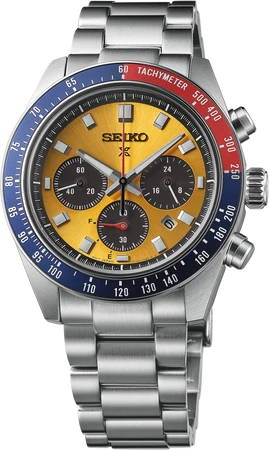 Reloj Seiko Prospex Speedtimer solar de acero con esfera amarilla, bisel taquimétrico azul y rojo y brazalete metálico